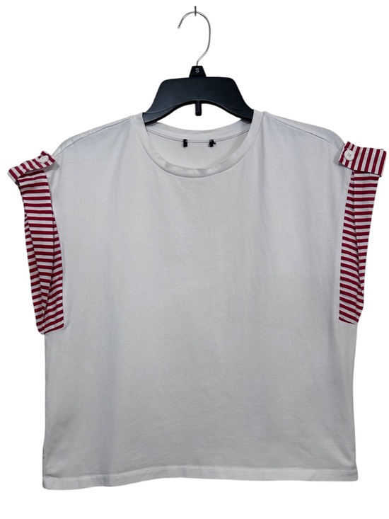 Zara Tops - ZARA White Crewneck Tee with Red Striped Cuffed Sleeves Size S